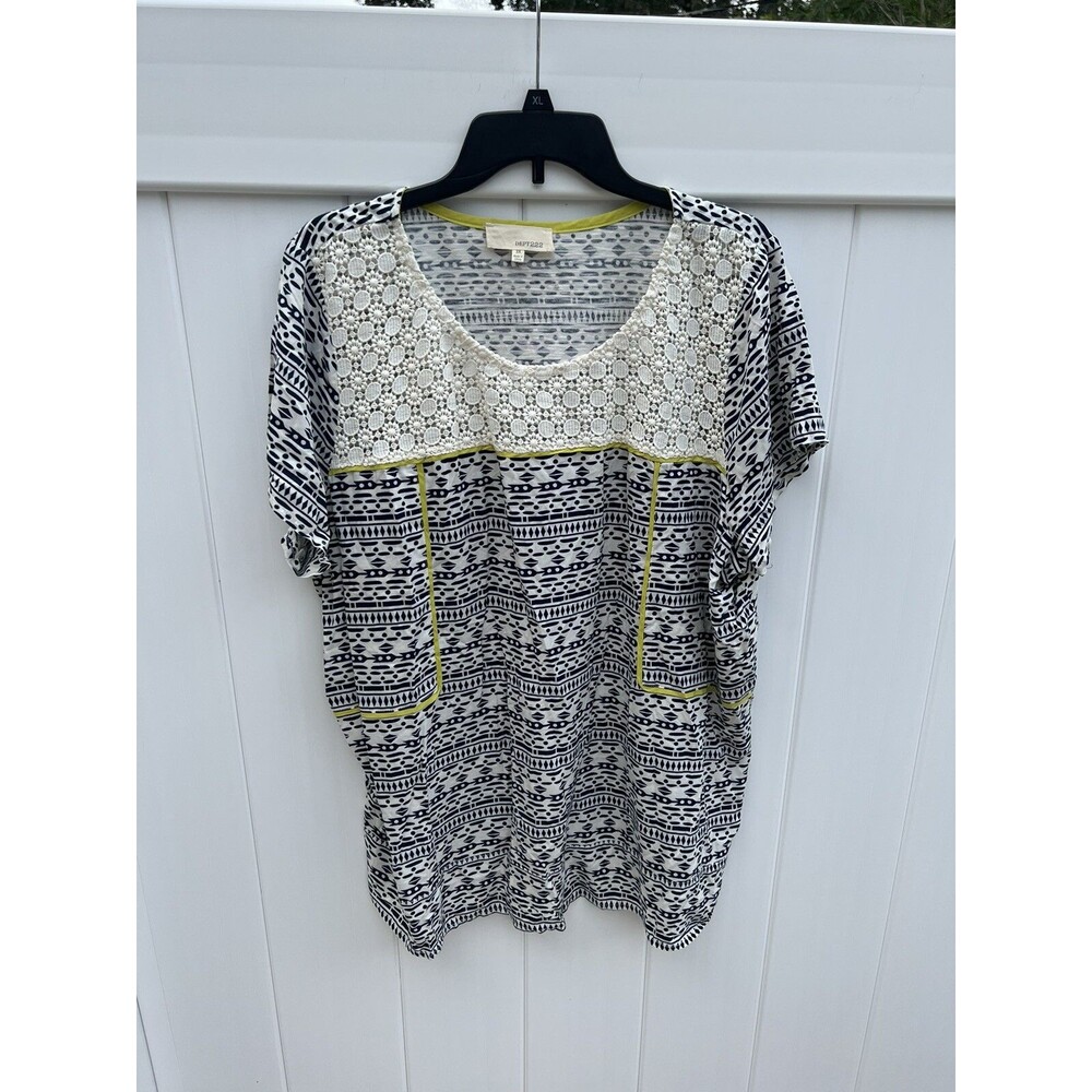 Dept222 Woman's Plus Sz 3X Lace Neck Multicolor Blouse Short Sleeve Rayon